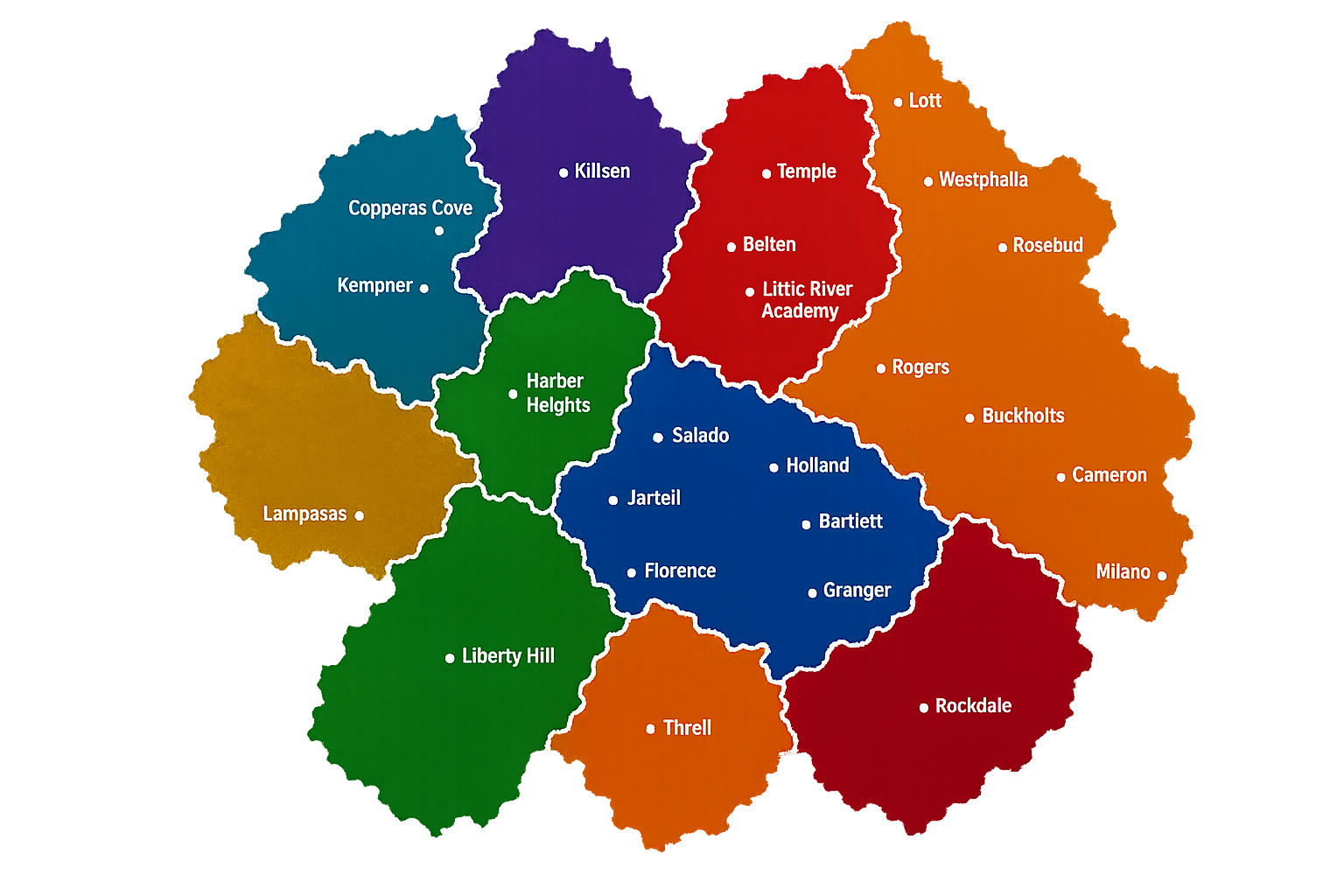 Map of Texas District 31 Little League boundaries across Central Texas showing member cities