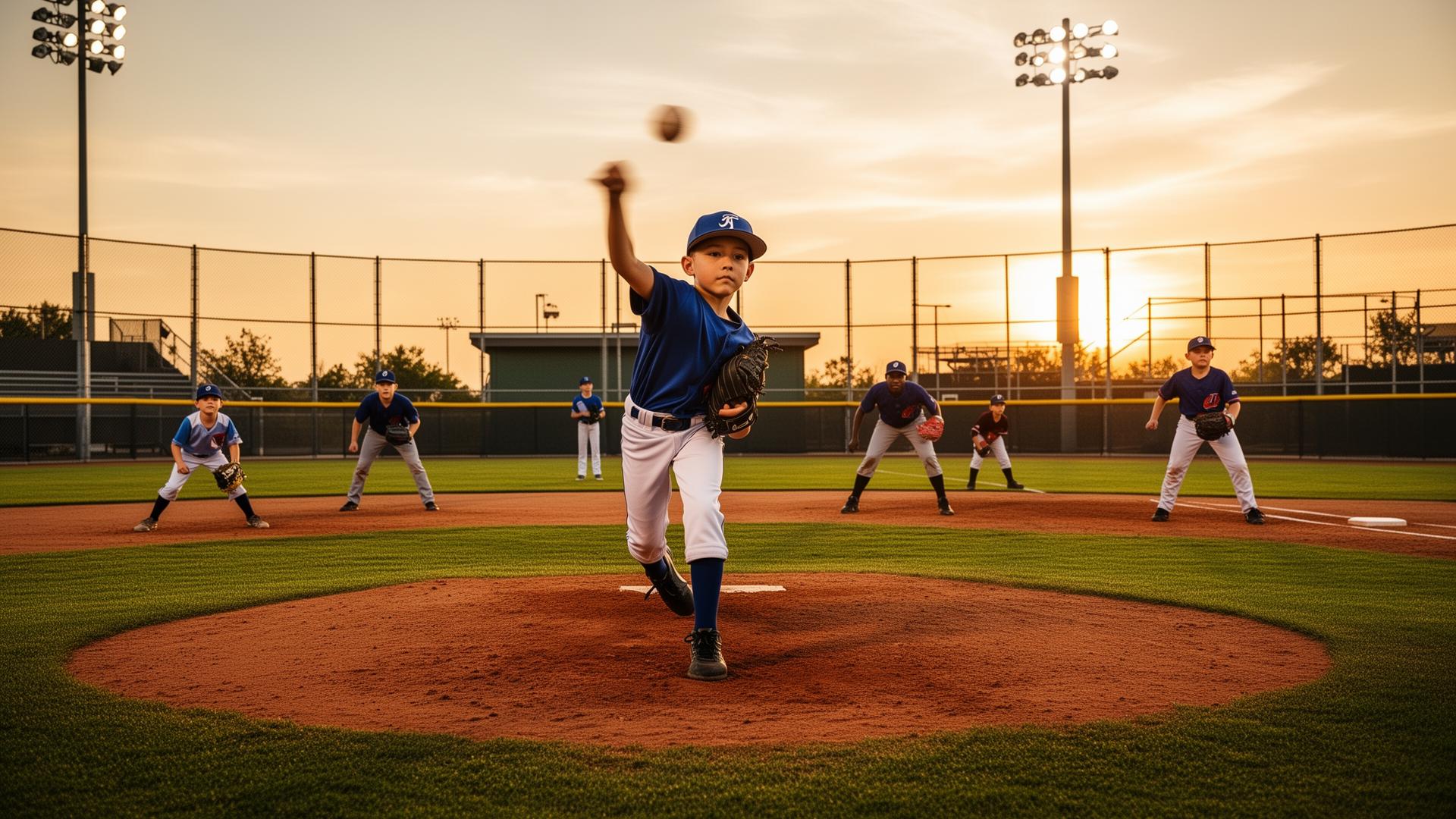Youth baseball diamond under stadium lights at dusk